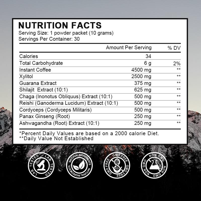 Shilajit Coffee Powder with Guarana Extract ，Chaga ，Reishi，Cordyceps Support Metabolism for Immune Support and Energy Supplement, 200 G