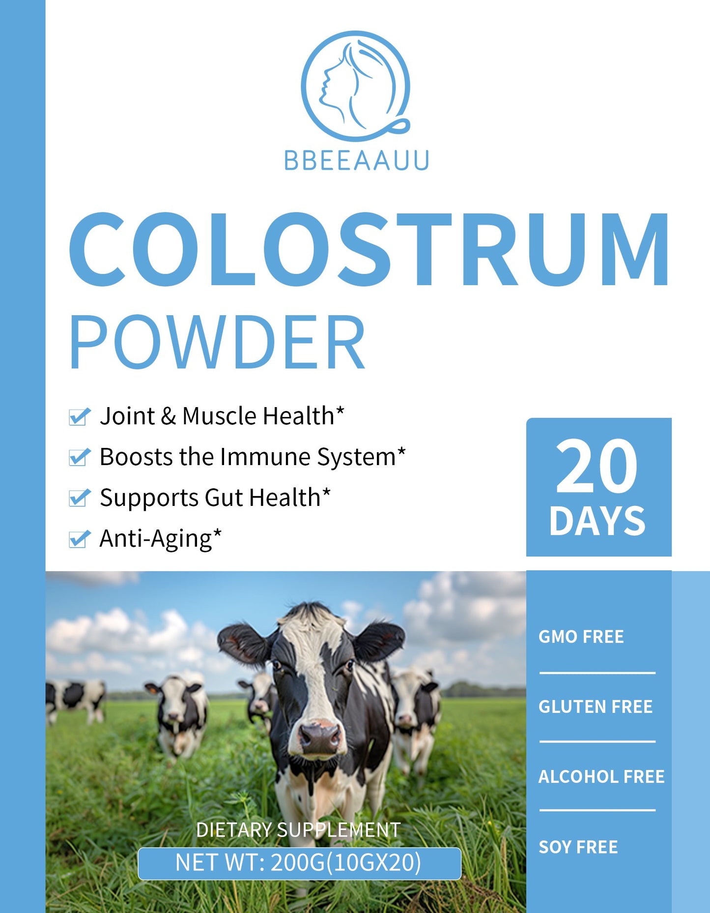 40% IgG Pure Bovine Colostrum Supplement Whey Protein with Probiotic Promote Growth &amp; Height, Muscle Build, Improve Immune &amp; gut