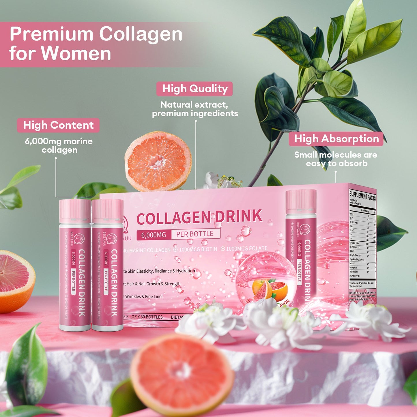 Collagen Drink with 6000mg Marine Collagen Peptides, Blood Orange Flavor