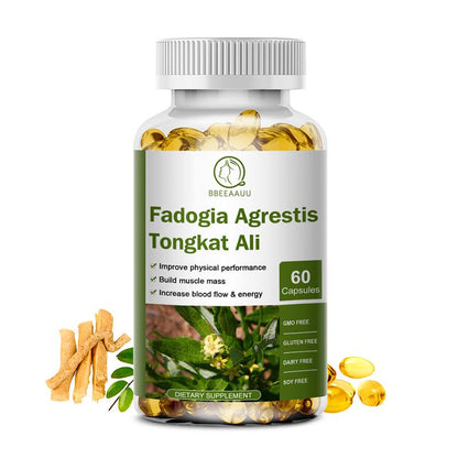 Bbeeaauu Tongkat Ali Fadogia Agrestis Vegetarian Capsule Supplement Muscle Builder Support Athletic Performance Energy Booster for Men
