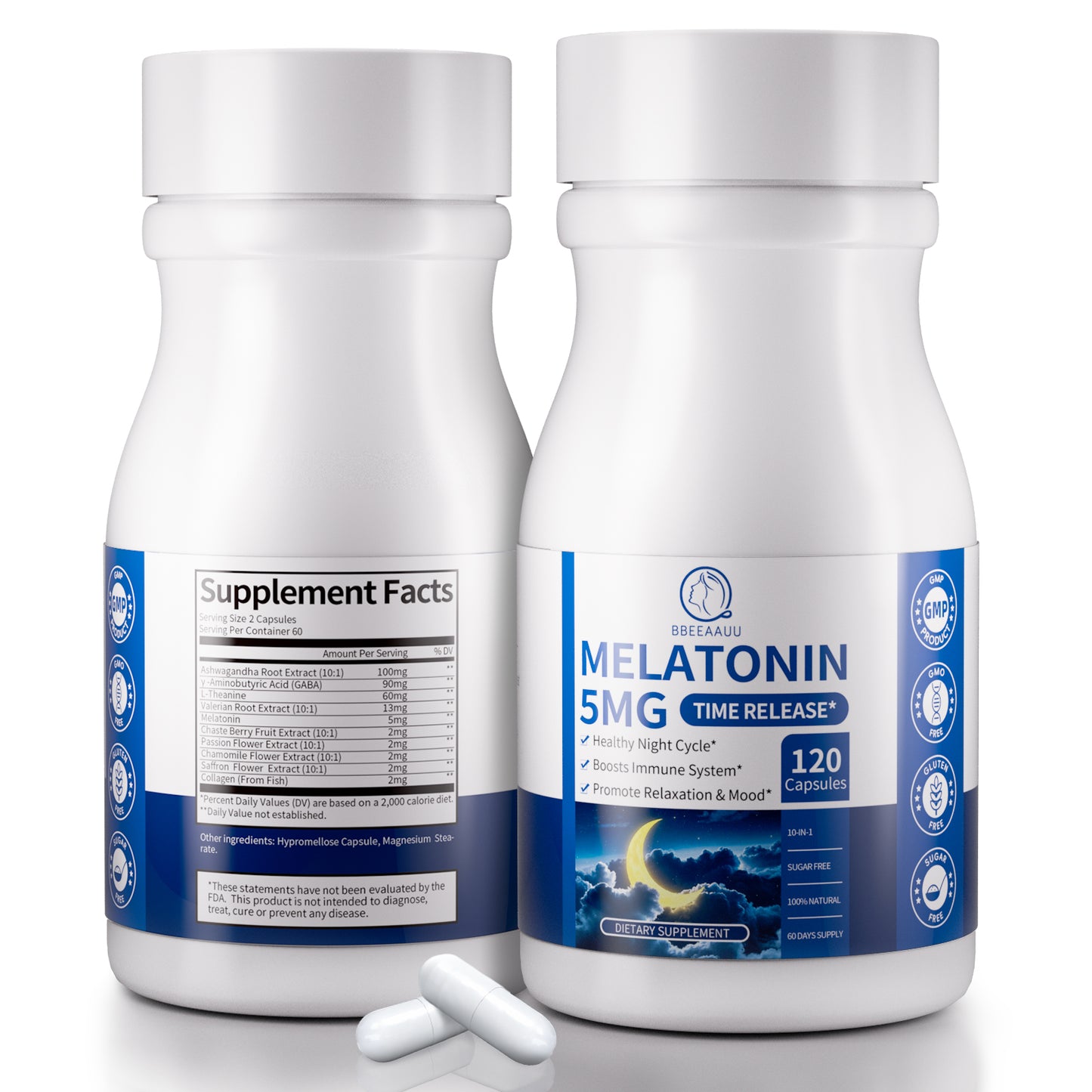 Melatonin 5mg Extended Release Supplements - Women Men Night Cycle Support, Relaxation & Immune - 10-in-1 Melatonin Capsules with Ashwagandha & GABA, Sugar Free, 120 Capsules, 60-Day Supply
