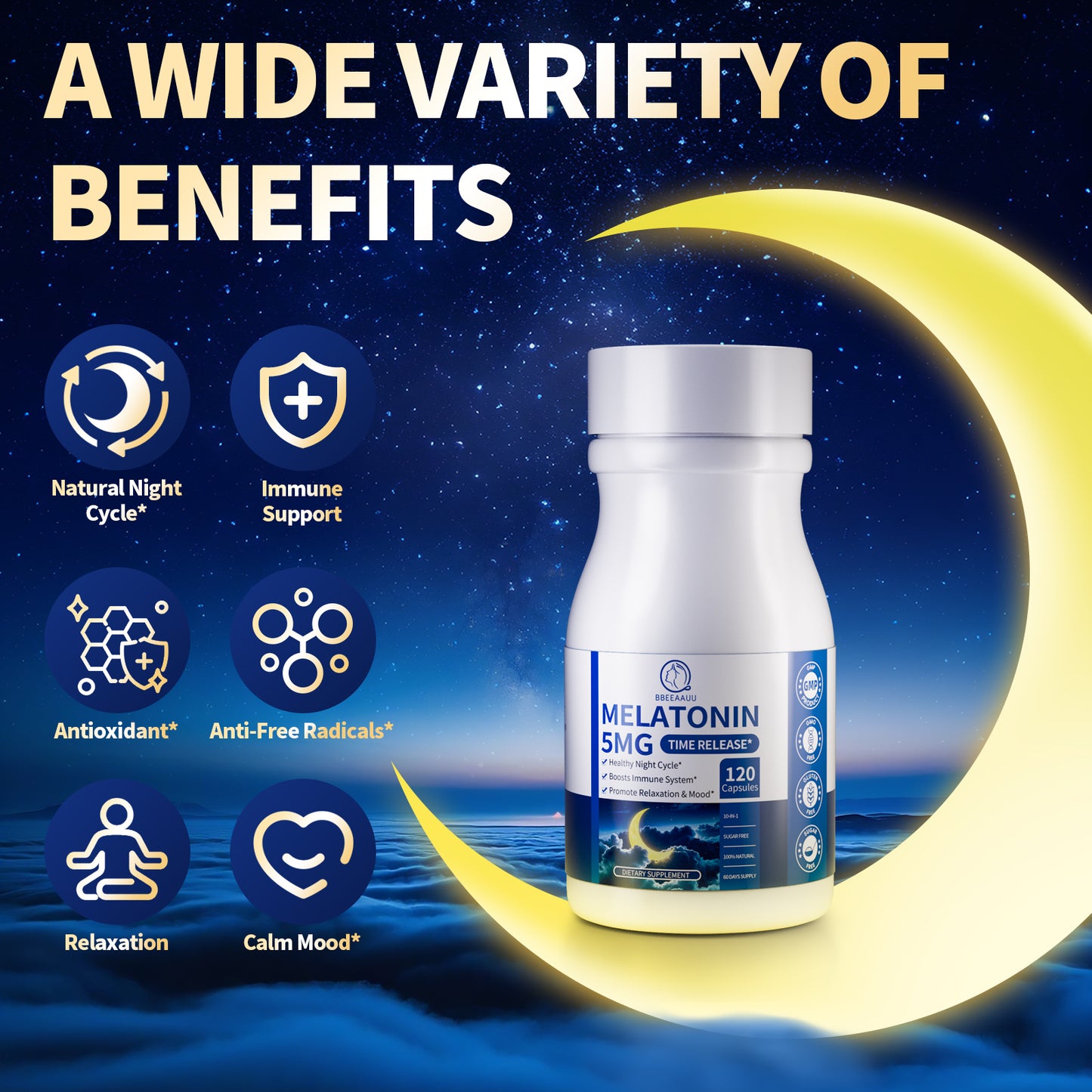 Melatonin 5mg Extended Release Supplements - Women Men Night Cycle Support, Relaxation & Immune - 10-in-1 Melatonin Capsules with Ashwagandha & GABA, Sugar Free, 120 Capsules, 60-Day Supply
