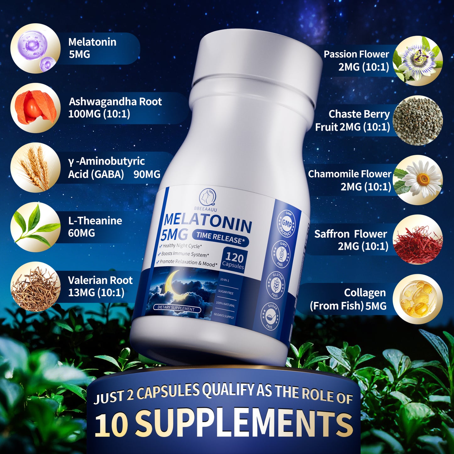 Melatonin 5mg Extended Release Supplements - Women Men Night Cycle Support, Relaxation & Immune - 10-in-1 Melatonin Capsules with Ashwagandha & GABA, Sugar Free, 120 Capsules, 60-Day Supply